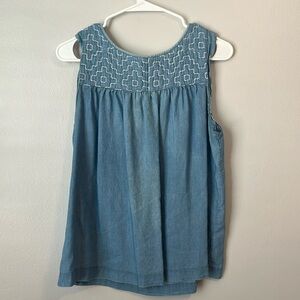 Loft petite medium denim tank top with embroidery along neck